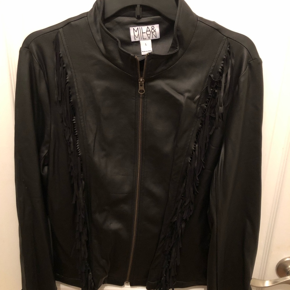 Black Fringe Jacket. Size L. Polyester/Spandex. Fun and stylish.